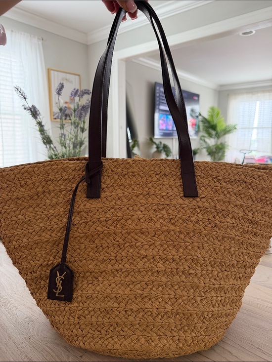 Saint Laurent Handbags - Saint Laurent Tan Straw Tote with Dark Brown Leather Straps
